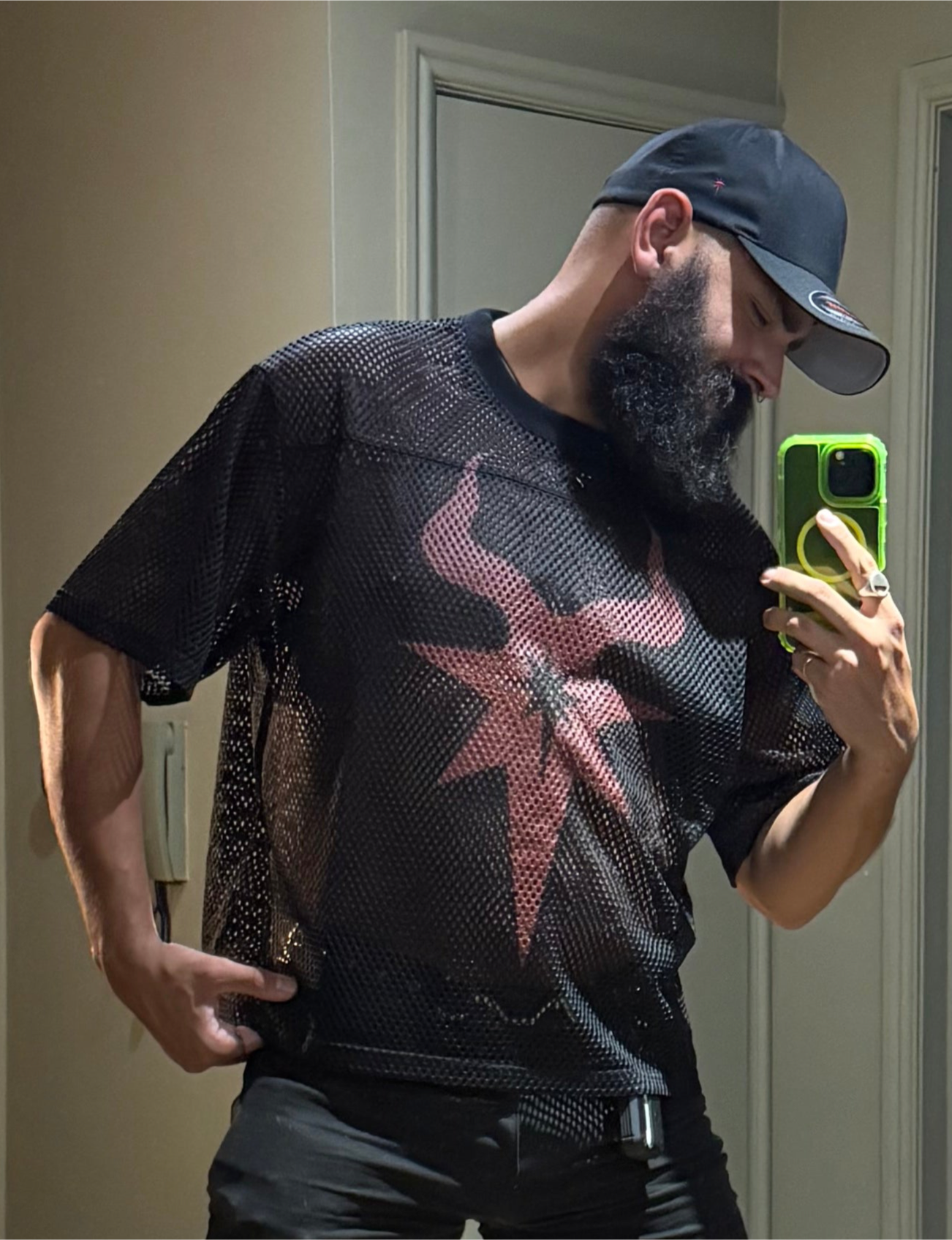 Morningstar | See-through Boxy Net T-shirt | Red logo