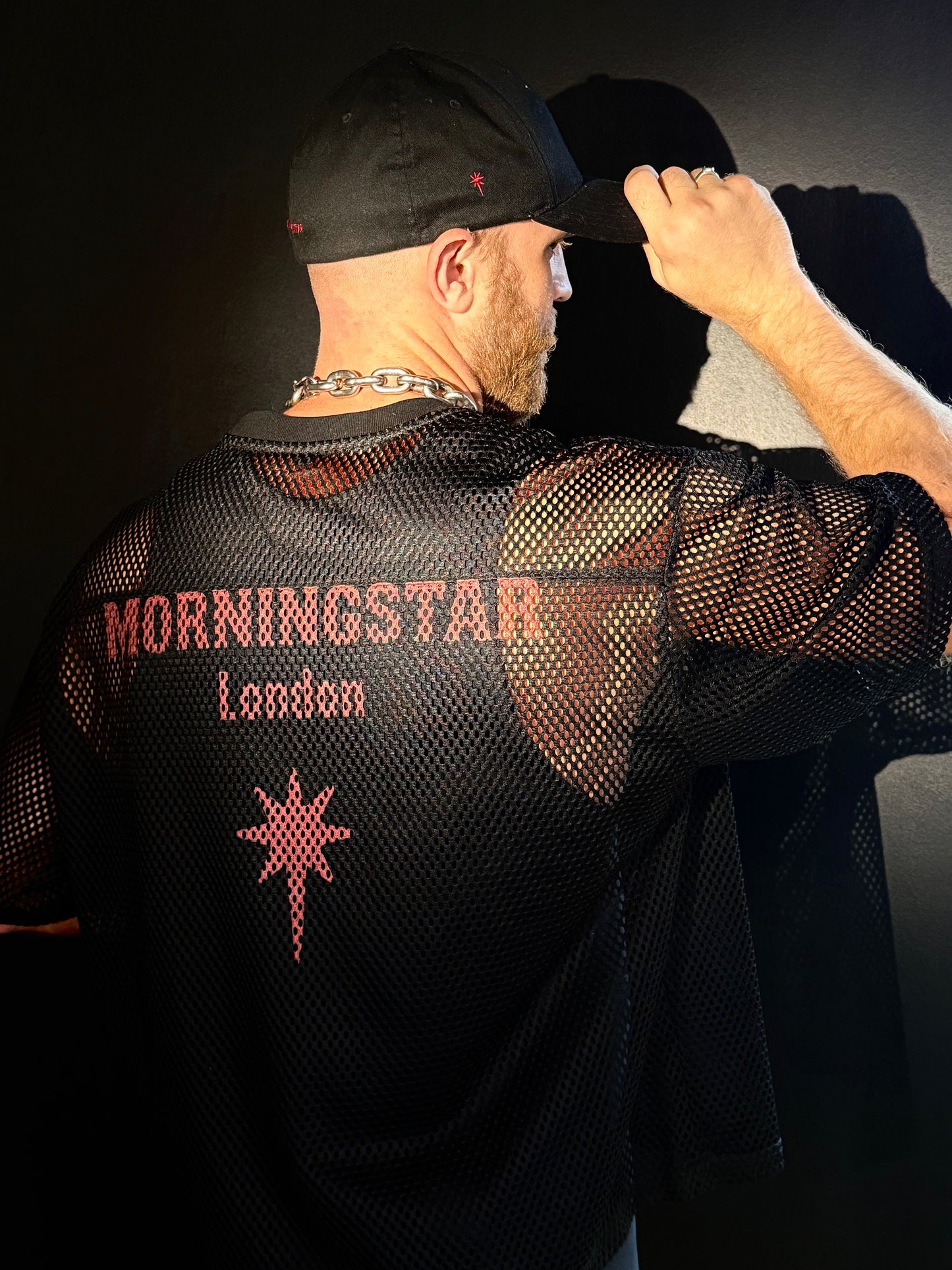 Morningstar | See-through Boxy Net T-shirt | Red logo